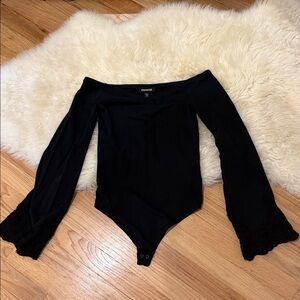 Express Black Off-Shoulder Bodysuit with bell sleeves